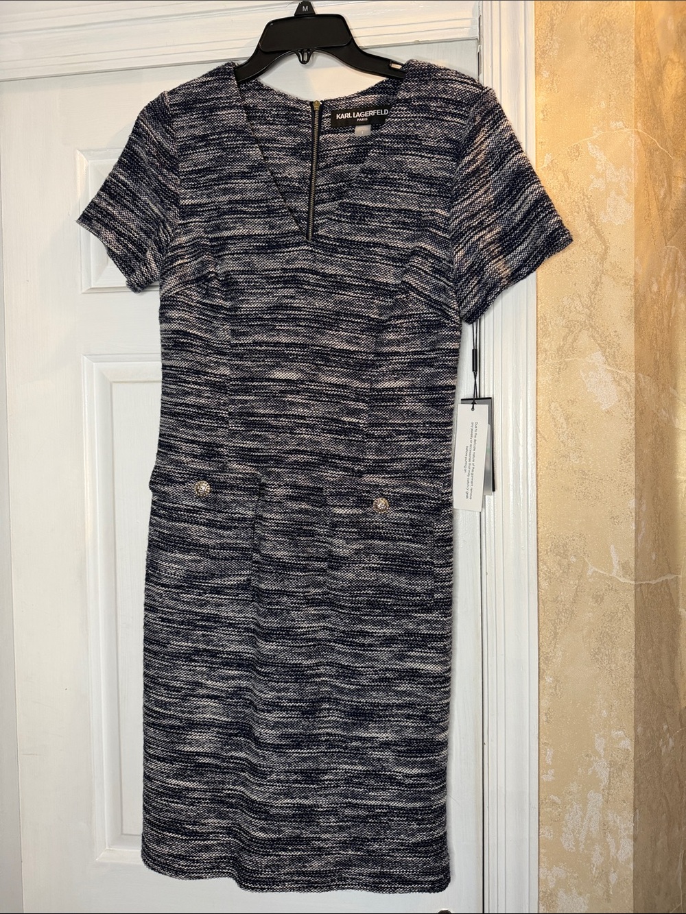 Karl Lagerfeld Navy and White Knit Tweed Sheath Dress